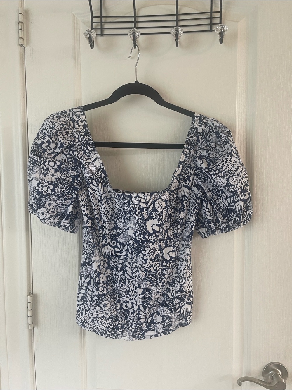 J. Crew Navy and White Mermaid corset Puff Sleeve Top